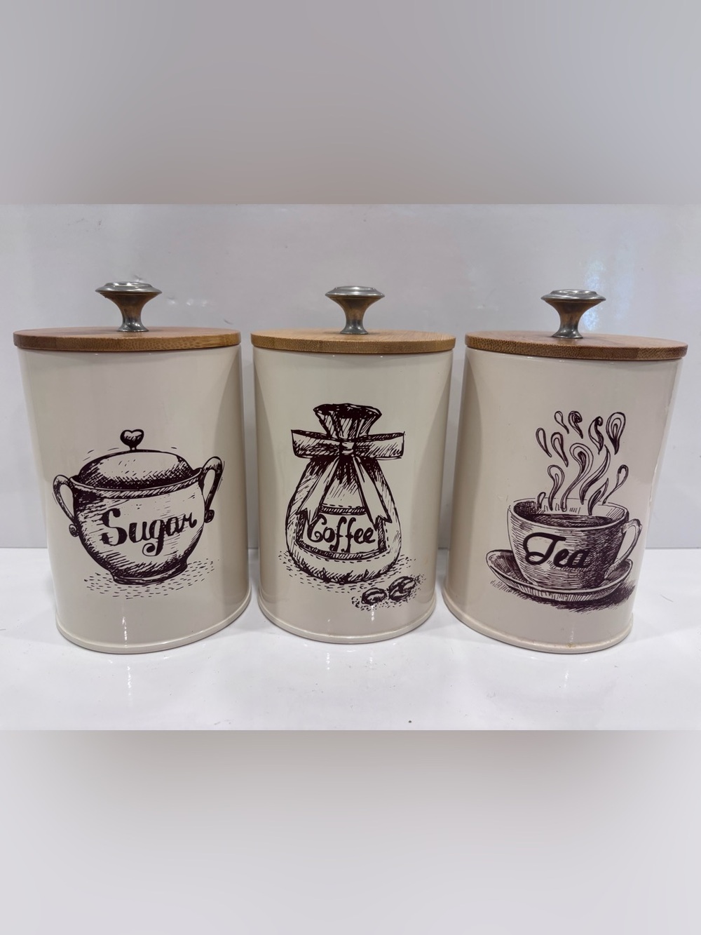 Coffee tea sugar canister set of 3 metal storage jars bamboo lids kitchen decor